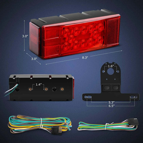 Two Pack Submersible Rectangular LED Stop Tail Turn Signal Side Marker Lights For 12V RVs, showing dimensions and wiring harness
