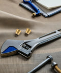 Brass Furniture Stabilizer Legs Four Pack For Mini Cabinets And Desks 10mm with tools on a fabric surface