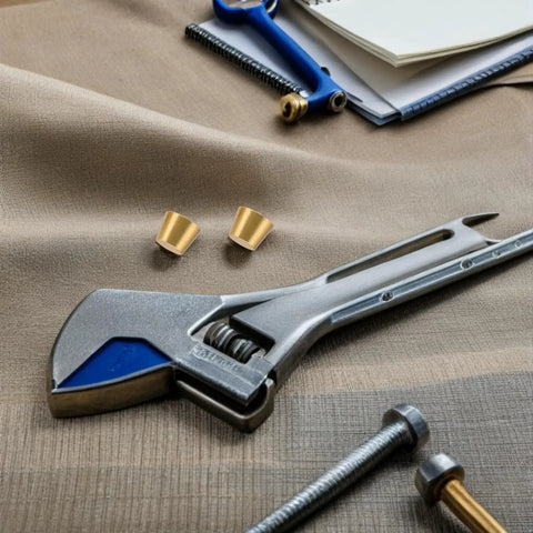 Brass Furniture Stabilizer Legs Four Pack For Mini Cabinets And Desks 10mm with tools on a fabric surface