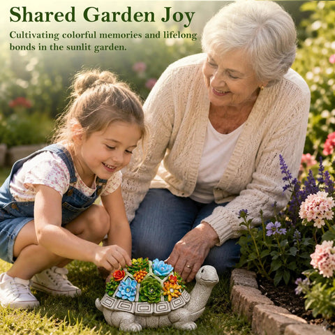 Grandmother and granddaughter with Solar Turtle Garden Statue With Succulent Holder And Seven LED Lights in a garden