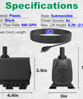 Specifications of Submersible Water Pump Ultra Quiet 660 GPH 2500 L Per Hour 45W with dimensions and features displayed
