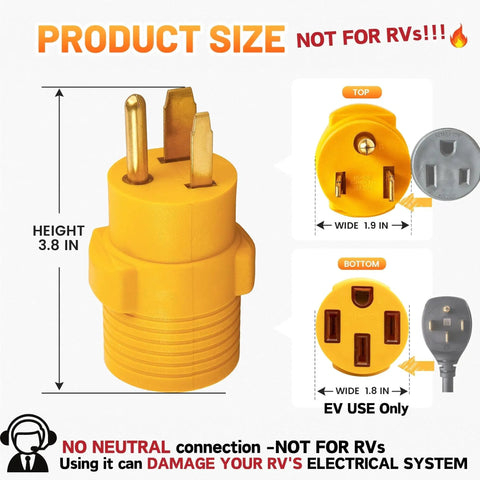 Heavy Duty Nema 6-50P To 14-50R EV Charger Adapter For 50Amp 250V showing size details, height 3.8 in, and width 1.9 in.