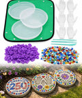 Kids DIY Stepping Stones Kit with 3 10 inch round molds, 370 plus mosaic tiles, alphabet and number stamps, gloves, and mat