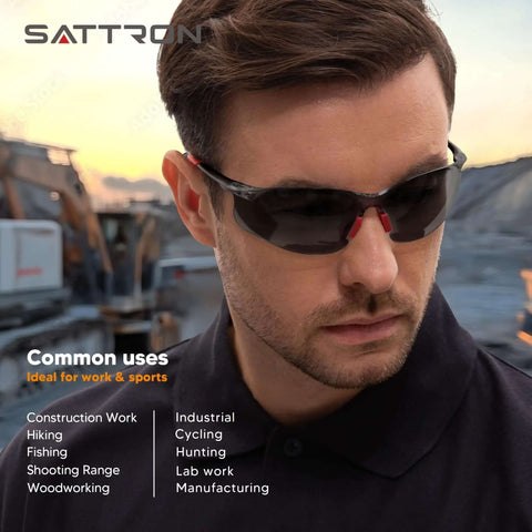 Man wearing tinted safety glasses with UV shield, ideal for construction and outdoor work, highlighting ANSI Z87.1 certification.