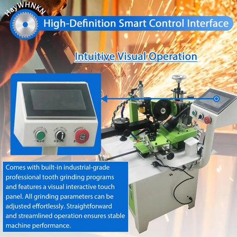 Control interface of Heavy Duty Fully Automatic Circular Saw Blade Grinder For 100 To 800Mm Blades with touch panel and buttons.