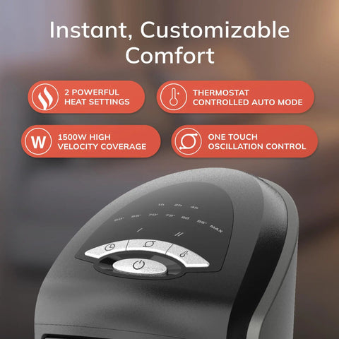 Control panel of a 1500W Ceramic Tower Space Heater With Remote, Thermostat, Timer And Wide Oscillation, Fast Even Heat For Small To Medium Rooms.
