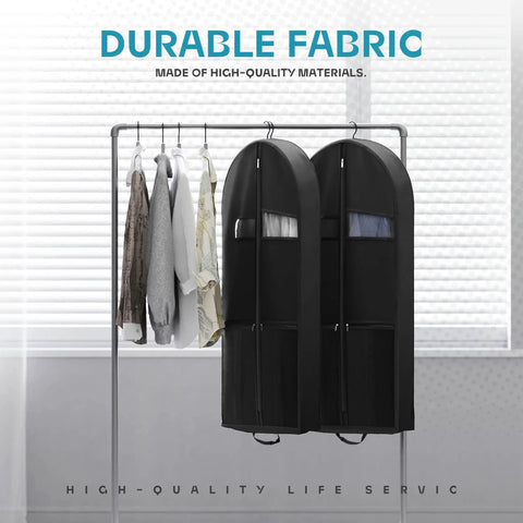 On The Go Travel Garment Bag 43 Inch Heavy Duty Suit Carrier with zipper pocket displayed on a rack next to clothes
