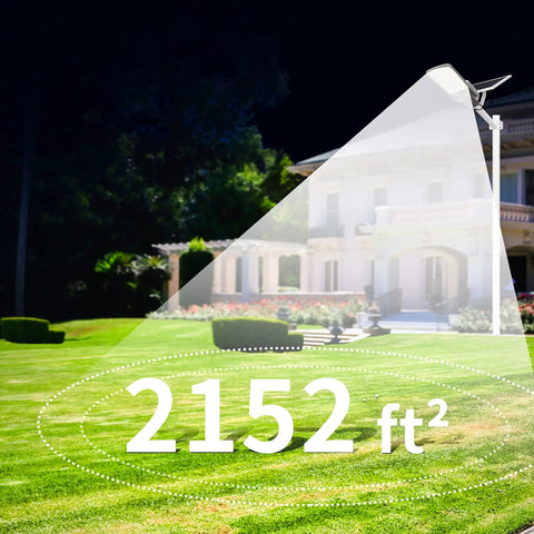 Image of 300W Solar Street Light illuminating a large yard at night, demonstrating its 2152 sq ft coverage area.