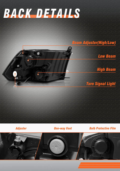 Back view of Dodge Ram Quad Beam Halogen Headlights Assembly Chrome Housing Amber Reflector showing adjusters and vents.