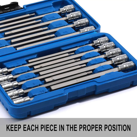Open case displaying Extra Long Hex Bit Socket Set Three Eighths Inch Drive With Chrome Vanadium Steel S2 Bits organized neatly.