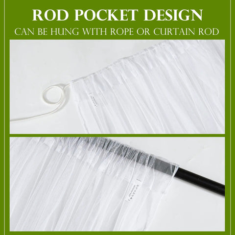 Outdoor Mosquito Net For Porch, Patio, Gazebo 2 Panels Waterproof Sheer Tulle Curtains, Mesh Privacy Drapes With DIY Adjustable Length details the rod pocket design for hanging with rope or curtain rod.