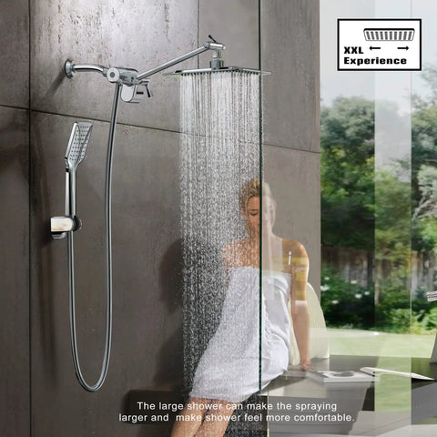 8 Inch High Pressure Rain Shower Head With Handheld And Adjustable Extension Arm Dual Square Shower Head Combo