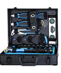 247 Piece Basic Home Repair Tool Set With Aluminum Case And Ample Pocket Storage displayed open showing various tools inside.