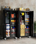 72 Inch Garage Storage Cabinet With Lockable File Cabinet And Tool Organizer, Heavy Duty Steel Storage Solution For Garage Workshop Or Home Office, Massive Capacity To Store Tools Hardware And Supplies, Keeps Everything Secure And Neat. open black steel cabinet with shelves and tools