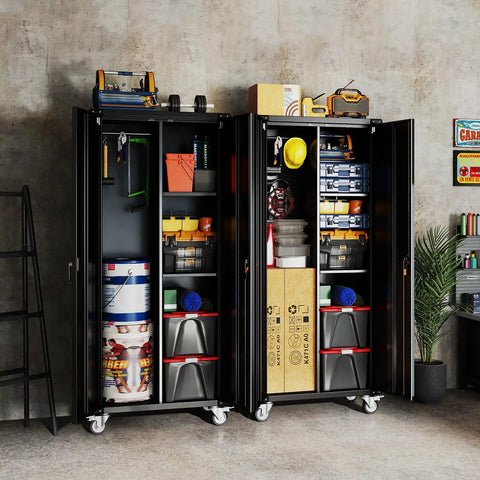 72 Inch Garage Storage Cabinet With Lockable File Cabinet And Tool Organizer, Heavy Duty Steel Storage Solution For Garage Workshop Or Home Office, Massive Capacity To Store Tools Hardware And Supplies, Keeps Everything Secure And Neat. open black steel cabinet with shelves and tools