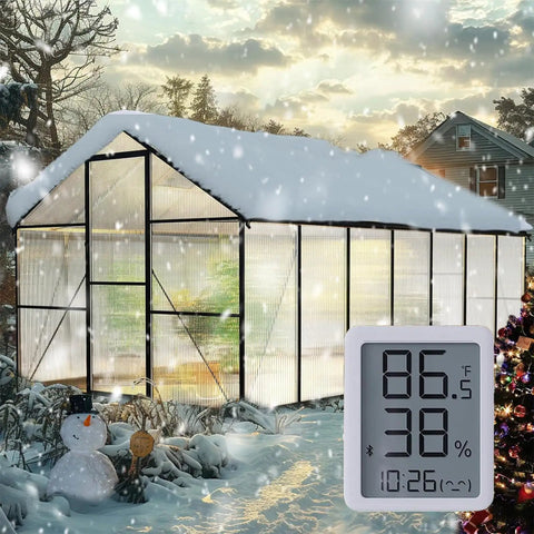Walk In Outdoor Greenhouse Kit 8 By 14 Feet Large Weatherproof with snow and electronic thermometer display