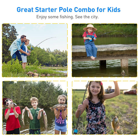 Kids using Kids Telescopic Fishing Pole Kit With Spincast Reel, 59 Inch Rod, Beginner Fishing Gear Set, catching fish by lake.