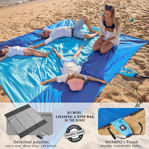 Oversized Sandproof Beach Blanket 10x9 For 2 To 8 Adults, blue quick dry mat with people relaxing, sand free, attached pouches.