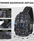 All In One Fishing Backpack With Rod And Reel Waterproof Gear Pack showing resistant zipper, tight cabling, waterproof design.