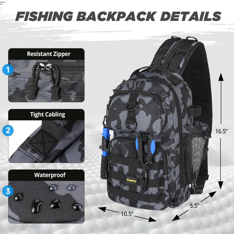 All In One Fishing Backpack With Rod And Reel Waterproof Gear Pack showing resistant zipper, tight cabling, waterproof design.