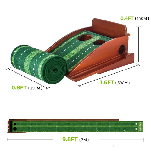 9.8Ft Putting Green Mat With Automatic Ball Return Track And Mirror For Indoor Home Golf Practice unrolled and rolled view