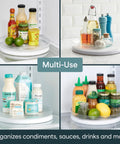Hassle Free 360 Spin Fridge Turntable, Top Tier Lazy Susan Organizer For Refrigerator Storage, Non Slip Base With Quiet Ball Bearings, Fast Fit Kitchen Pantry Aid In Crisp White, holding various condiments.