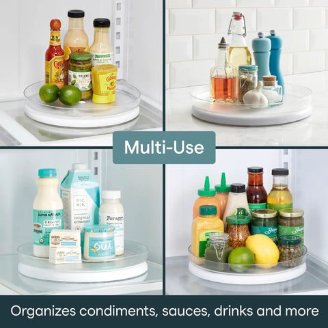 Hassle Free 360 Spin Fridge Turntable, Top Tier Lazy Susan Organizer For Refrigerator Storage, Non Slip Base With Quiet Ball Bearings, Fast Fit Kitchen Pantry Aid In Crisp White, holding various condiments.
