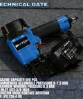 Heavy-Duty 15 Degree Roofing Nailer With Coil Magazine, Shoots Nails From 3/4 To 1-3/4 Inches, Low Recoil Pneumatic Nail Gun Built Tough For Roofer Job Sites, detailed view with technical specifications.