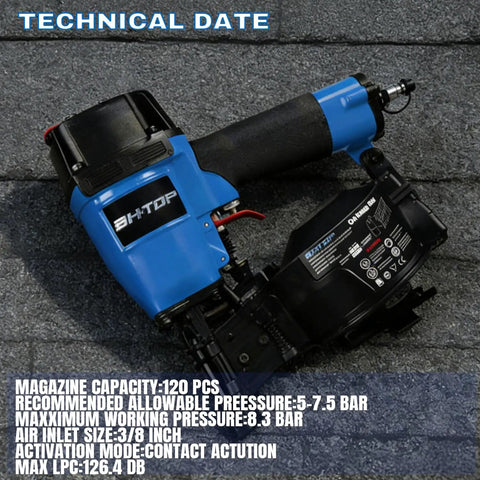 Heavy-Duty 15 Degree Roofing Nailer With Coil Magazine, Shoots Nails From 3/4 To 1-3/4 Inches, Low Recoil Pneumatic Nail Gun Built Tough For Roofer Job Sites, detailed view with technical specifications.