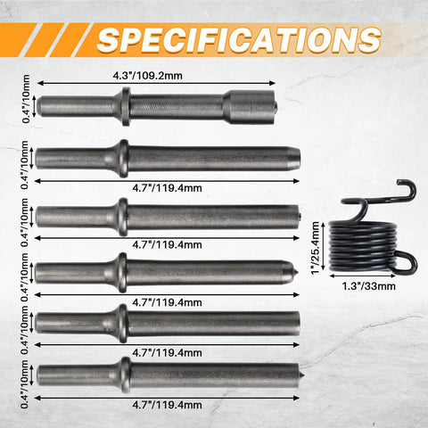 Smoothing Air Hammer Bits Set For Tire Repair And Sheet Metal Riveting 7 Piece 0.401 Inch Shank with spring and dimensions