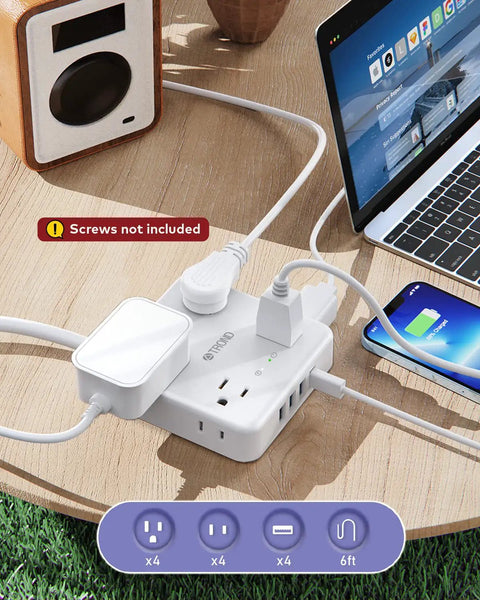 12 In 1 Power Strip Surge Protector With USB Ports And Eight Widely Spaced Outlets 1440 Joules 6 Foot Extension Cord on desk