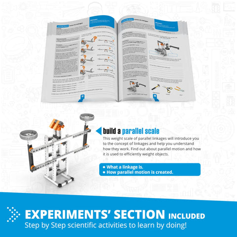 16 In 1 STEM Building Kit For Kids 9 Plus with levers and linkages, open manual, parallel scale model shown, educational construction set.