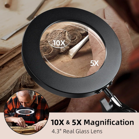 Close-up of Gooseneck Lamp Magnifier With Stand 10x And 5x Zoom, showing 4.3 inch glass lens on wooden surface
