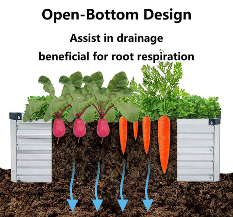 Cross-section view of Two Pack 6 By 3 By 1 Ft Galvanized Raised Garden Beds Kit showing root growth and open-bottom design for drainage.