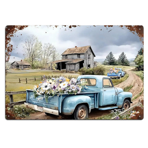Vintage Blue Farm Truck Metal Tin Sign Rustic Country Farmhouse Wall Decor Floral Old Pickup Scene Retro Plaque For Garage Barn Decor 12x8 Inch Garden Style