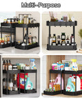 Heavy Duty Sliding Under Sink Organizers 2 Pack Black Pull Out Cabinet Drawers with jars and cleaning supplies.