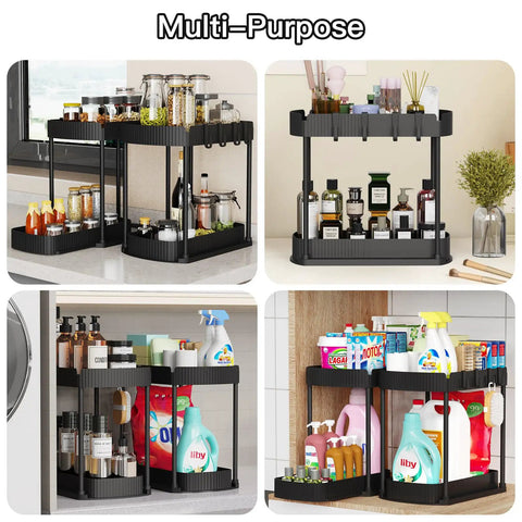 Heavy Duty Sliding Under Sink Organizers 2 Pack Black Pull Out Cabinet Drawers with jars and cleaning supplies.