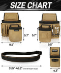 Heavy Duty Workhorse Tool Belt With Smart Magnetic Pocket Zone Fully Adjustable Waistband And Three Modular Detachable Pouches size chart with measurements.