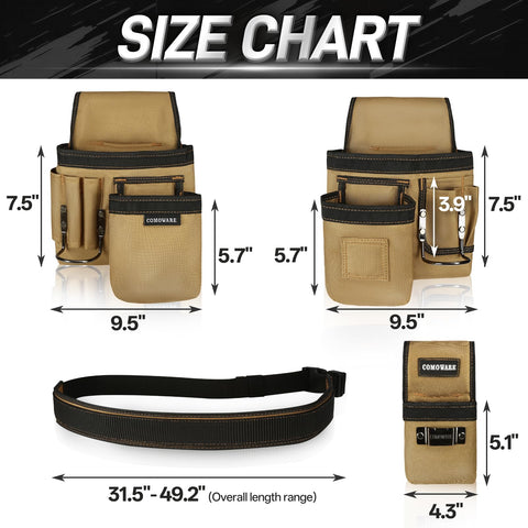 Heavy Duty Workhorse Tool Belt With Smart Magnetic Pocket Zone Fully Adjustable Waistband And Three Modular Detachable Pouches size chart with measurements.