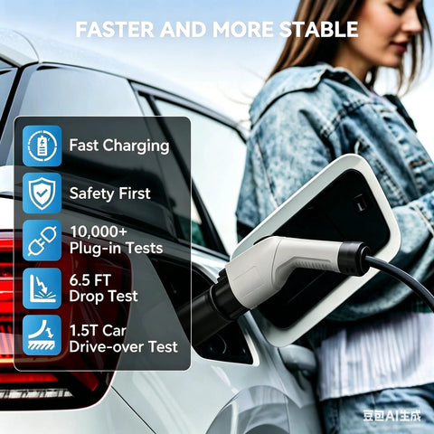 Sae J1772 To Type 2 EV Charger Adapter 32 Amp Heavy Duty connecting to an electric vehicle for fast charging.