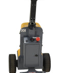 Back view of Heavy Duty Yellow Black Steel Electric Tugger With 2000 Lb Pull Capacity featuring ergonomic handle and safety switch.