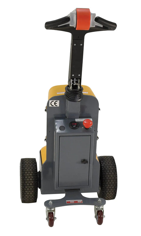 Back view of Heavy Duty Yellow Black Steel Electric Tugger With 2000 Lb Pull Capacity featuring ergonomic handle and safety switch.