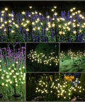 Collage of Pink Solar Flower Lights 48 LED Outdoor Garden Stakes 4 Pack IP65 Waterproof Decor for Pathway at night.