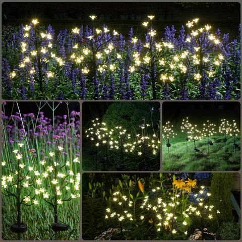 Collage of Pink Solar Flower Lights 48 LED Outdoor Garden Stakes 4 Pack IP65 Waterproof Decor for Pathway at night.