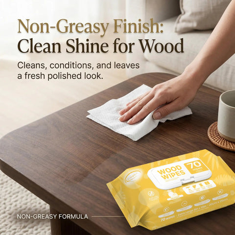 Person using XL Wood Furniture Cleaner Wipes 8X10 Inch 70 Count on a wooden table for a non-greasy shine.