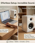 White PC Speakers With Bluetooth 5.3, 3-Inch Full-Range Drivers Deliver 60W Peak, setup with laptop and phone on wooden desk.