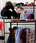 Before and after closet organization with Clear Plastic Shirt Hangers 12 Pack Slick Wardrobe Organizer Hangers For Garments And Clothes Non Slip Transparent Coat Hangers For Home And Retail Use.