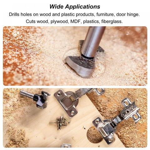 Pro Level Forstner Drill Bit Set 24mm 30mm With 7mm And 8mm Shank drilling into wood, showcasing clean cuts and hardware.