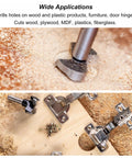 Pro Grade Forstner Drill Bit Set 23mm And 24mm Wood Hole Cutters creating clean holes in wood, with metal door hinges and screws.