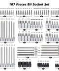 107 Piece Bit Socket Set for 1/4, 3/8 and 1/2 Inch Drives With Torx, Tamper Proof Torx, Hex, Ball End Hex, SAE and Metric Bits in Tough S2 Steel For Heavy Maintenance And Quick Fixes Around The Shop displayed on white background.